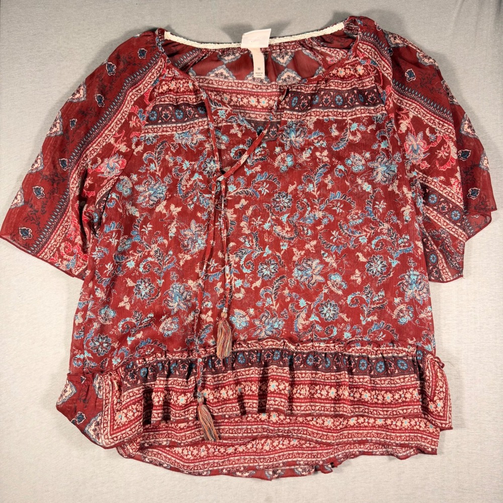 Knox Rose Red Floral Paisley Boho Peasant Top Tassel Flutter Sleeve Medium